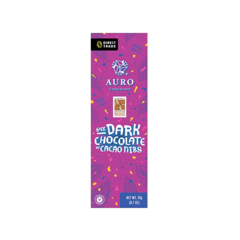 Auro Chocolate - 64% Dark Chocolate with Cacao Nibs 20g