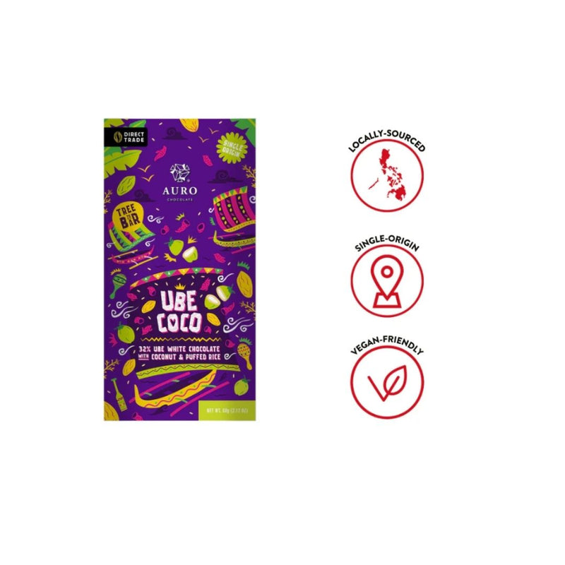 Auro Chocolate - 32% Ube Coco White Chocolate with Coconut and Puffed Rice 60g