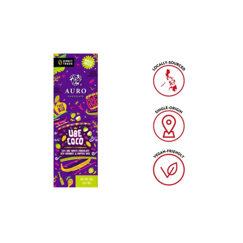 Auro Chocolate - 32% Ube Coco White Chocolate with Coconut  and Puffed Rice 20g