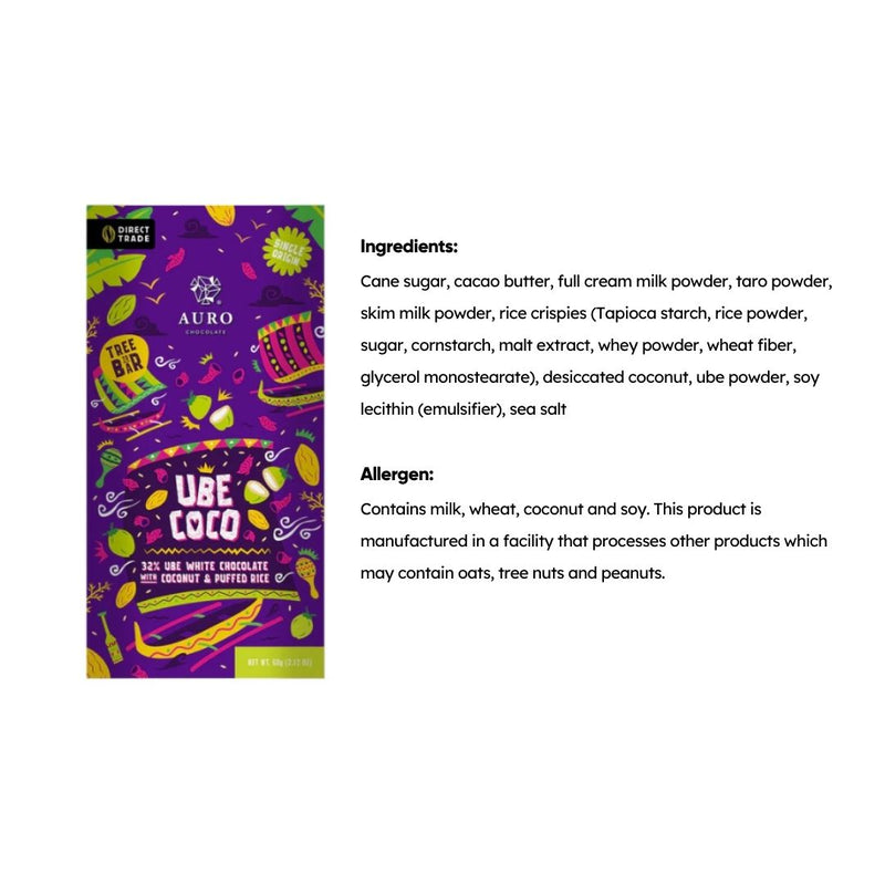 Auro Chocolate - 32% Ube Coco White Chocolate with Coconut and Puffed Rice 60g