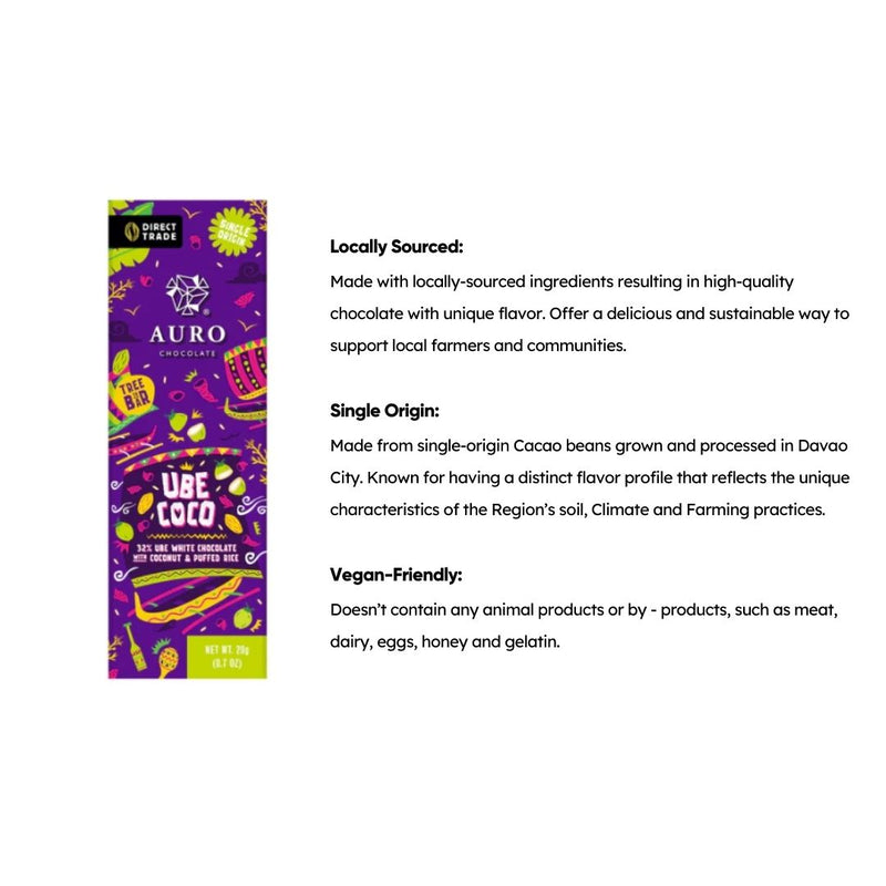 Auro Chocolate - 32% Ube Coco White Chocolate with Coconut  and Puffed Rice 20g