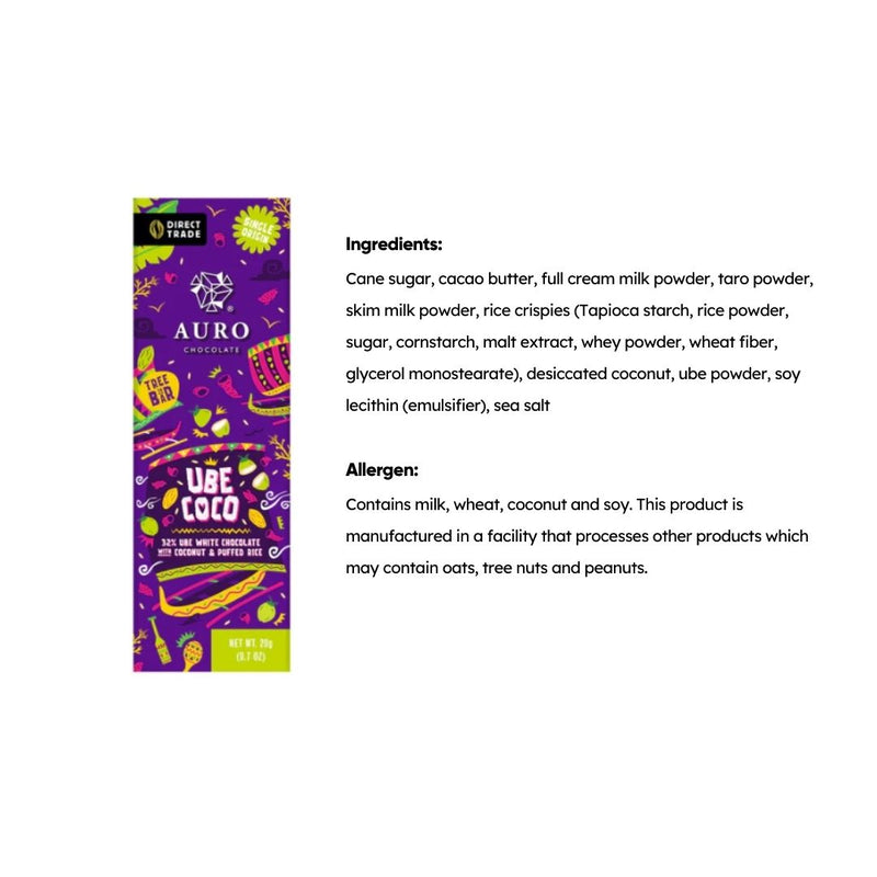 Auro Chocolate - 32% Ube Coco White Chocolate with Coconut  and Puffed Rice 20g